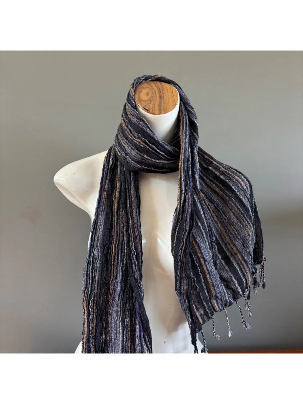 Scarf Striped Crinkle Knit Charcoal Gray Multi Color Fringe Lightweight Wrap